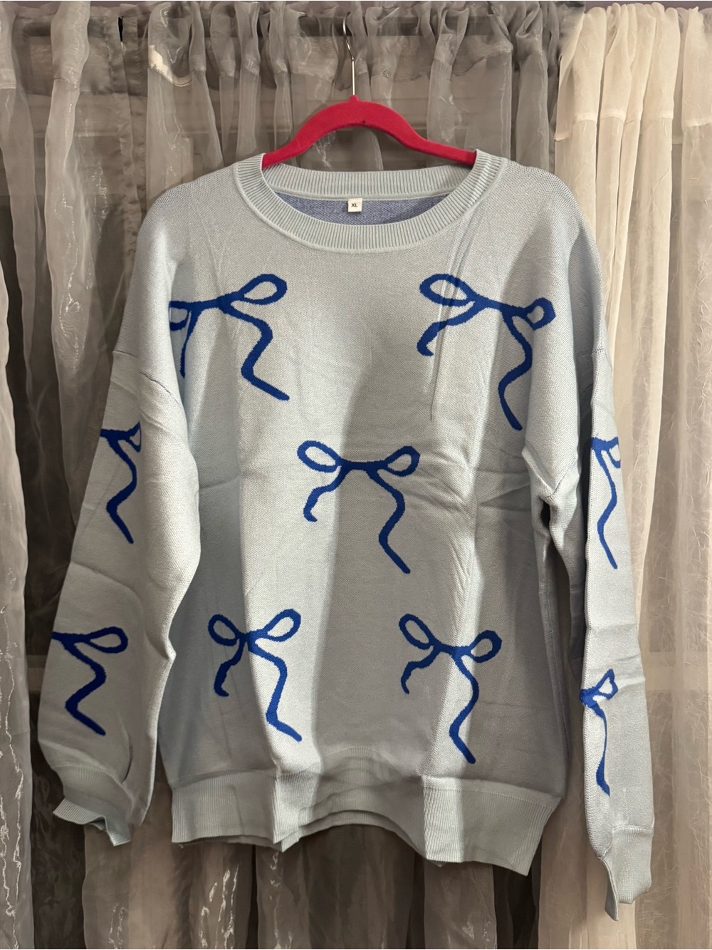 ATHMILE Light Blue Bow-Print Women's Sweater